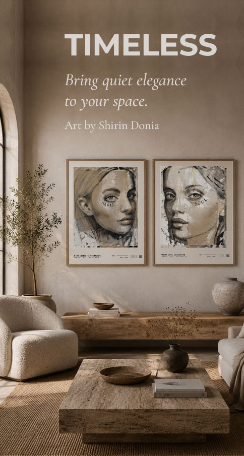 Timeless Fine-Line-Porträt-Kunstdrucke in einem ruhigen, neutral gehaltenen Interieur, das Ruhe und zeitlose Eleganz ausstrahlt.