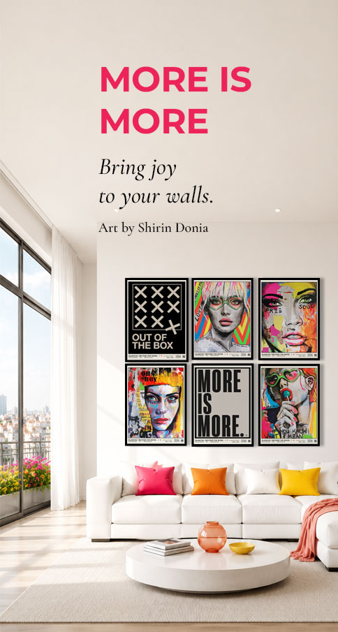 More Is More Pop-Art-Drucke an einer Gallery Wall, mit ausdrucksstarken grafischen Porträts und lebendigen, verspielten Farben.