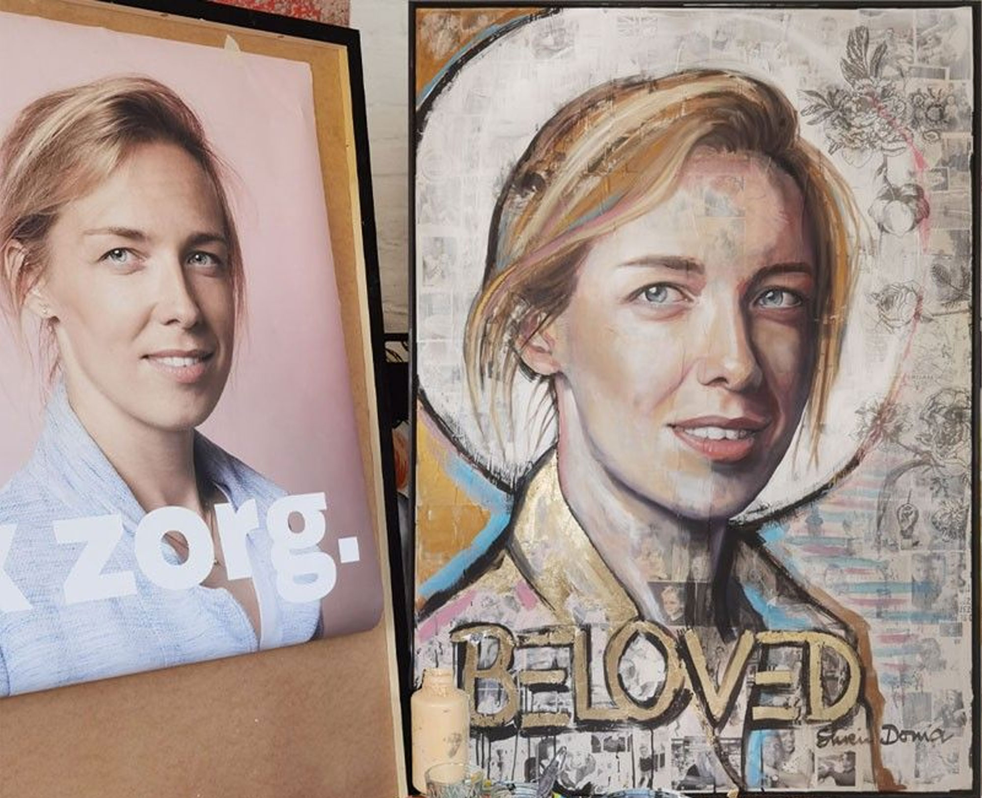 Zeitgenössische Portraitmalerei mit typografischen und abstrakten Elementen