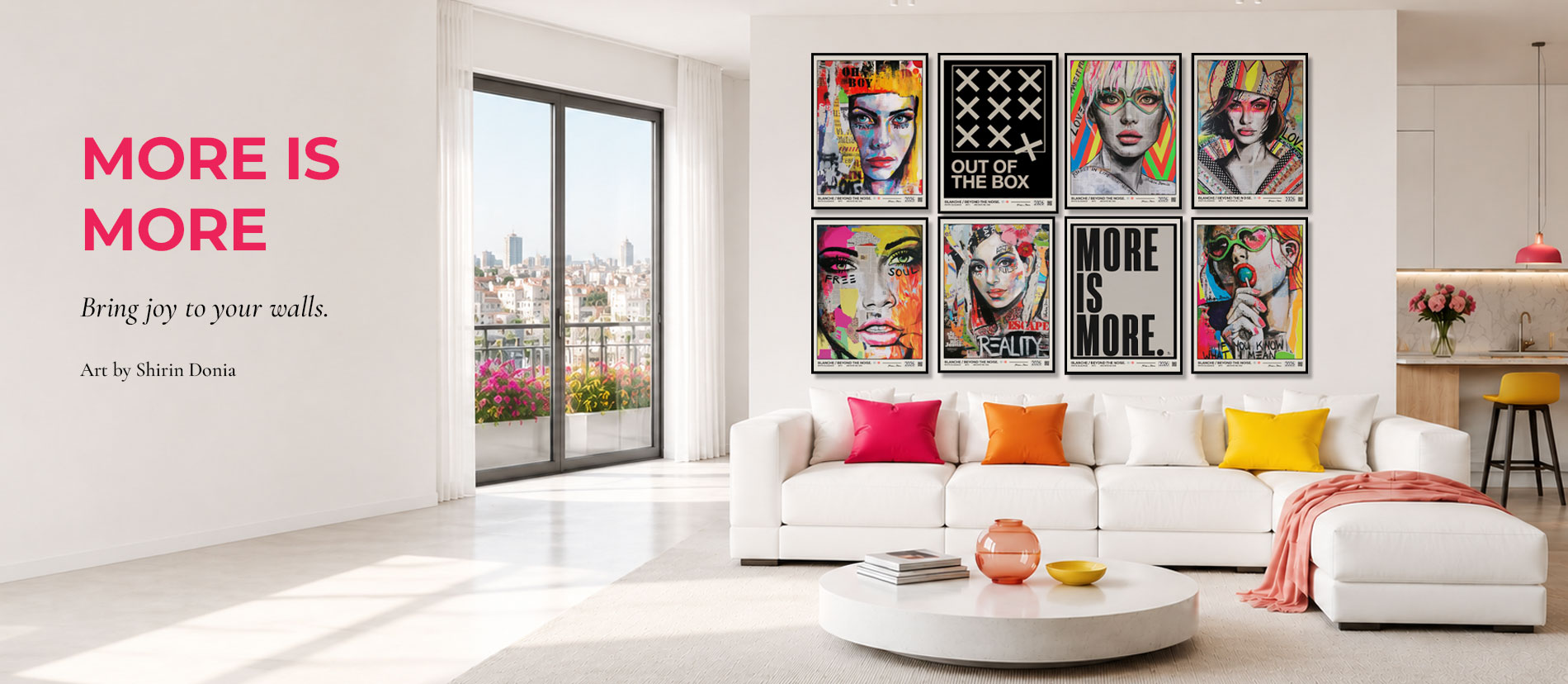 More Is More Pop-Art-Drucke in einem farbenfrohen, modernen Wohnzimmer, mit ausdrucksstarken grafischen Porträts und lebendigen, verspielten Farben.