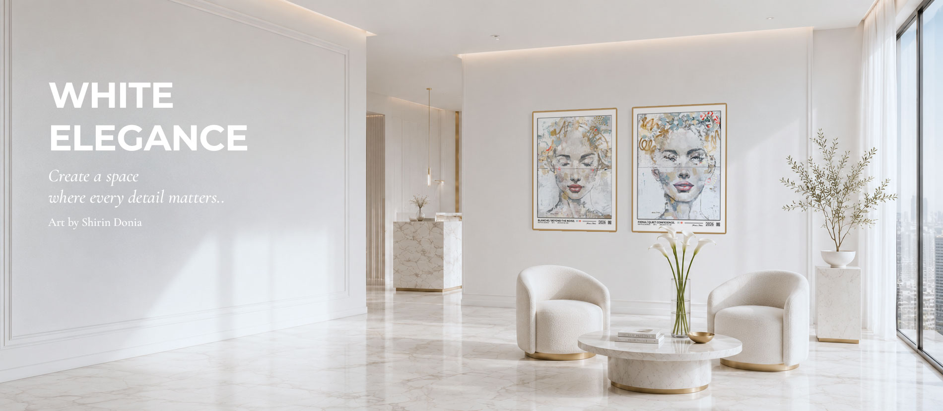 White Elegance Kunstdrucke in einem hellen Interieur mit Marmoroptik, mit weichen, eleganten Porträts und einer klaren, eleganten Ästhetik.