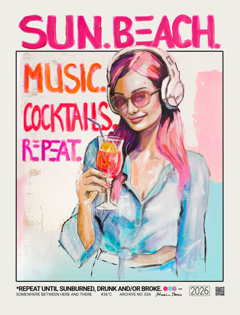 Sun Beach Music Cocktails Repeat – colorful beach art print by Shirin Donia