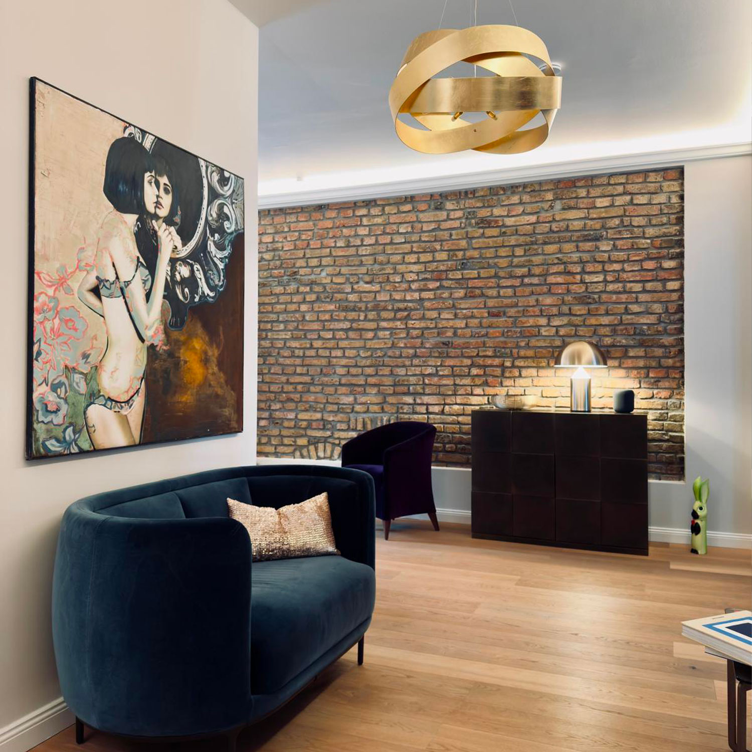Pop art painting by Shirin Donia on a brick wall in a collector's home