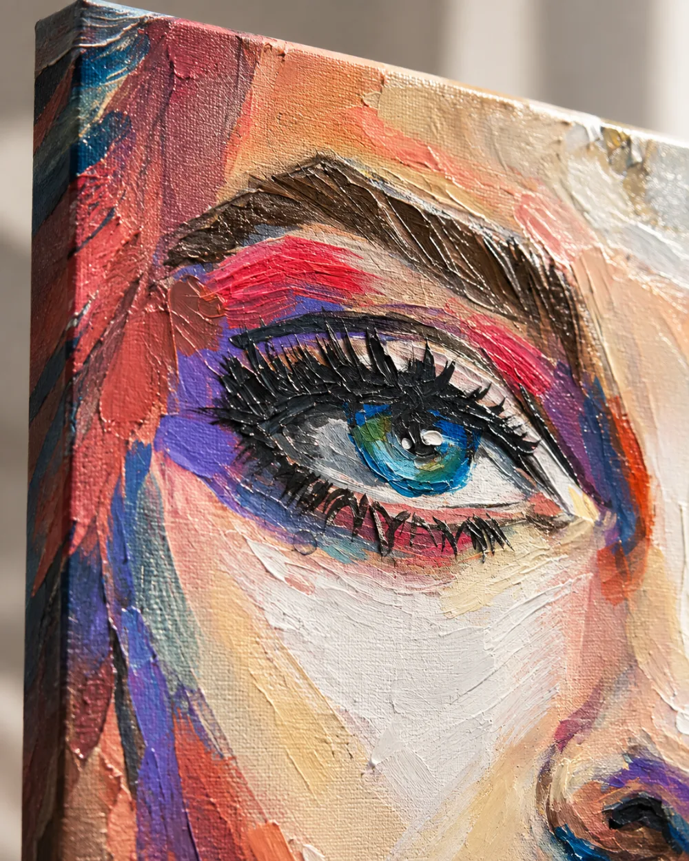 Handbemalter Leinwanddruck von Shirin Donia im Detail: echte Farbe auf dem Druck
