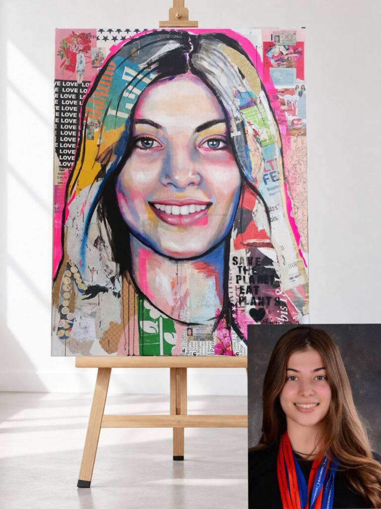Auftragsporträt von Shirin Donia auf der Staffelei neben dem Originalfoto