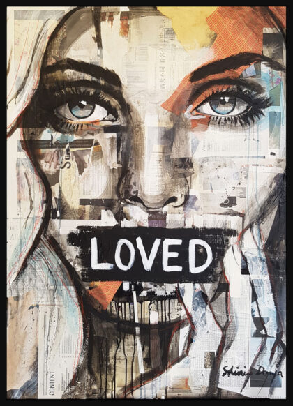 LOVED, hand-embellished print by Shirin Donia