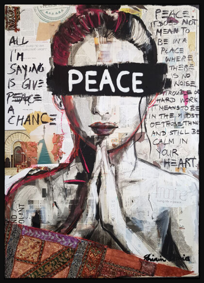 PEACE, hand-embellished print by Shirin Donia