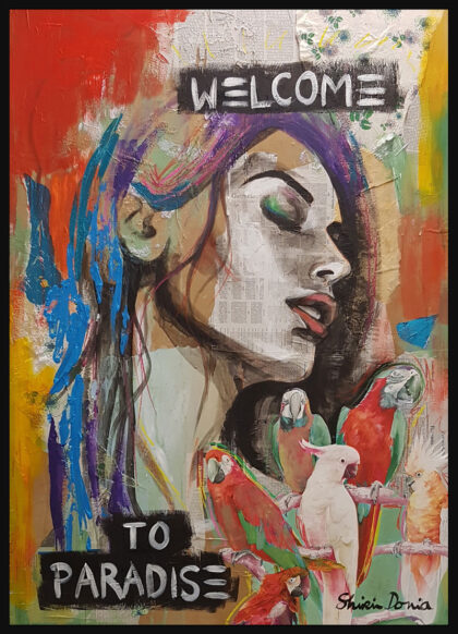 WELCOME TO PARADISE, hand-embellished print by Shirin Donia, series FACADE 2018