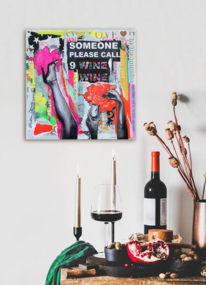 NINE WINE WINE – mini, hand-embellished print by Shirin Donia, series SUPERPOWER 2020