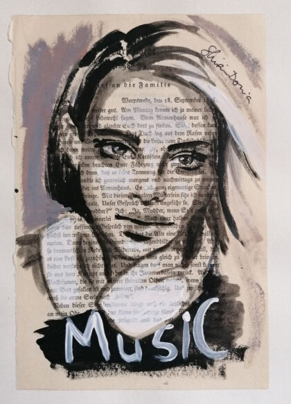 M: MUSIC, hand-embellished print by Shirin Donia, series MINNIES 2020