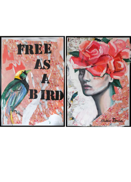 FREE AS A BIRD, hand-embellished print by Shirin Donia, series CARPE FLORAL DIEM 2021