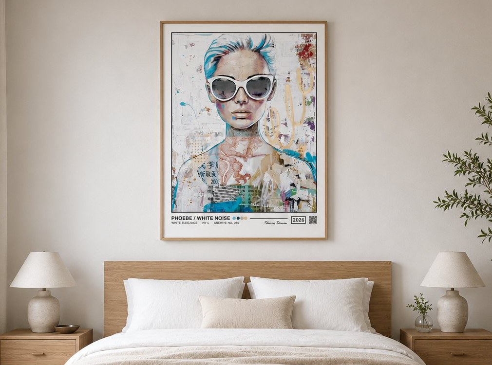 Bedroom wall art above the bed: the print PHOEBE / WHITE NOISE by Shirin Donia hangs centered above a wooden headboard
