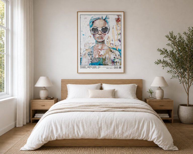 Schlafzimmer mit dem Kunstdruck PHOEBE / WHITE NOISE von Shirin Donia über dem Bett